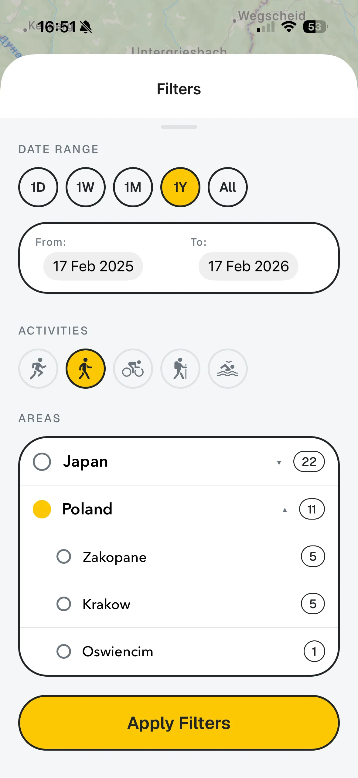 Filtering dialog, date range, activities, area selection